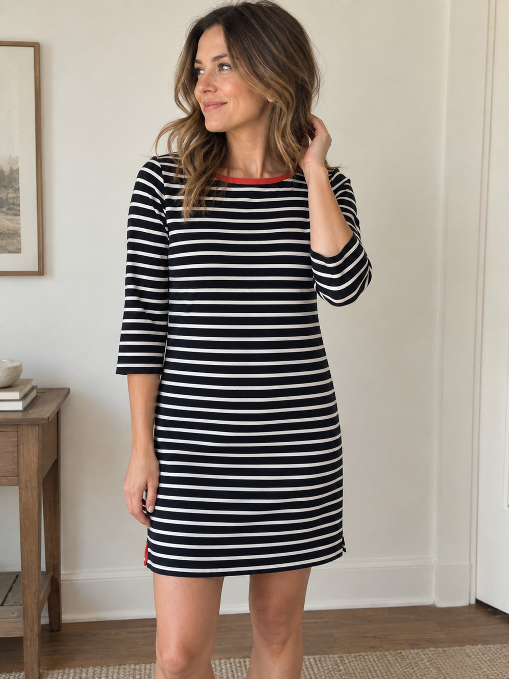 Gap Nautical Navy White Stripe Knit Dress 3/4 Sleeve Zip Back Size Small